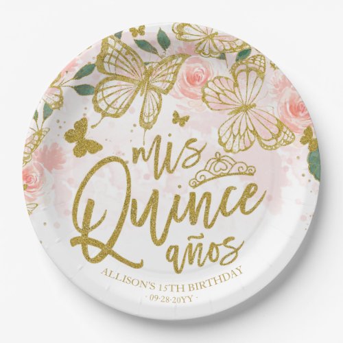 Blush Pink Butterfly Floral Quinceanera Party Paper Plates