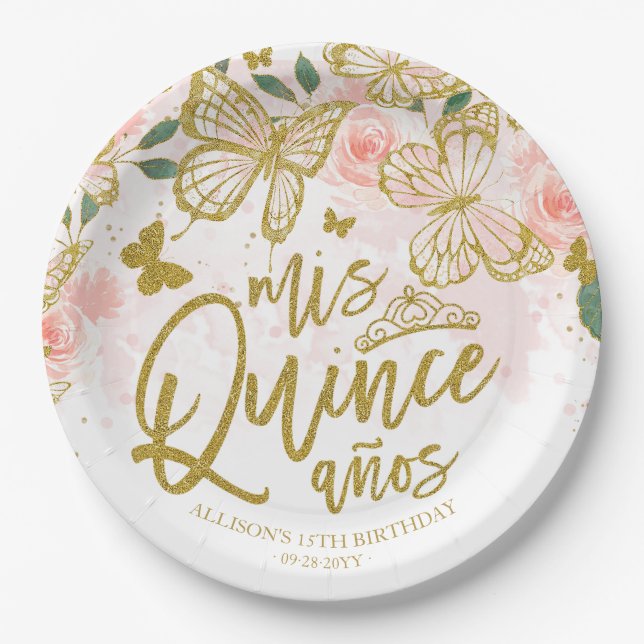 Blush Pink Butterfly Floral Quinceanera Party Paper Plates (Front)