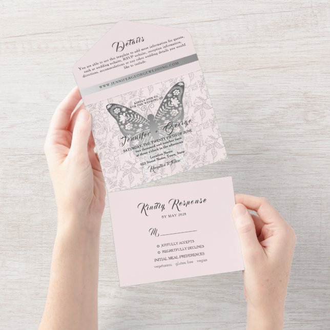 Blush Pink Butterfly Wedding Invitation (Tearaway)