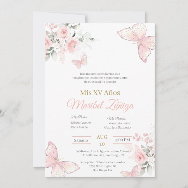 Blush Pink butterlfly Quinceanera invitation (Front)