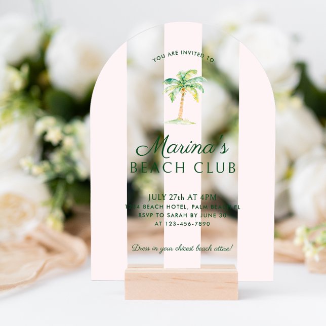 Blush Pink Cabana Stripes Beach Club Birthday Arch Acrylic Invitations (Creator Uploaded)