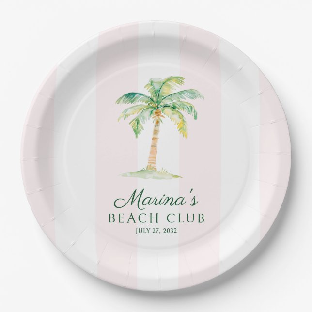 Blush Pink Cabana Stripes Palm Beach Club Birthday Paper Plates (Front)