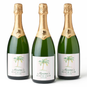Blush Pink Cabana Stripes Palm Beach Club Birthday Sparkling Wine Label
