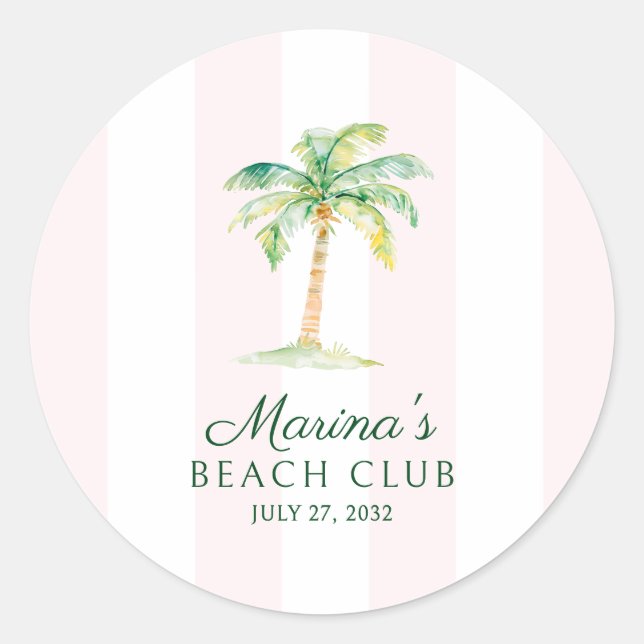 Blush Pink Cabana Stripes Palm Beach Club Favor Classic Round Sticker (Front)