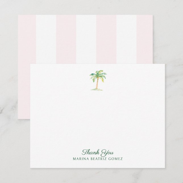 Blush Pink Cabana Stripes Palm Tree Thank You Note Card (Front/Back)