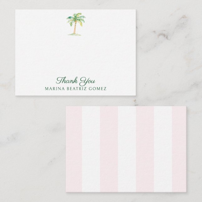 Blush Pink Cabana Stripes Palm Tree Thank You Note Card (Front/Back)