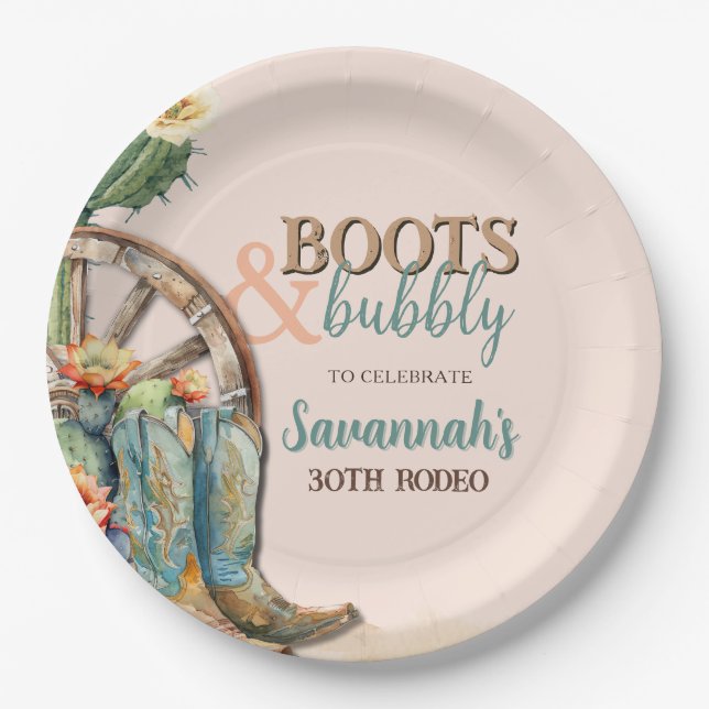 Blush Pink Cactus Rodeo Cowgirl Western Birthday Paper Plates (Front)