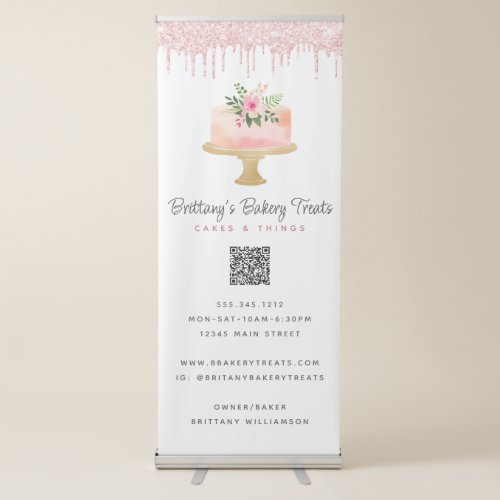 Blush Pink Cake Glitter Drips QR Code Bakery Caf Retractable Banner