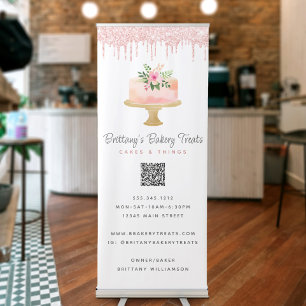 Blush Pink Cake Glitter Drips QR Code Bakery Café Retractable Banner