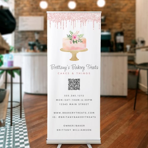 Blush Pink Cake Glitter Drips QR Code Bakery Caf Retractable Banner
