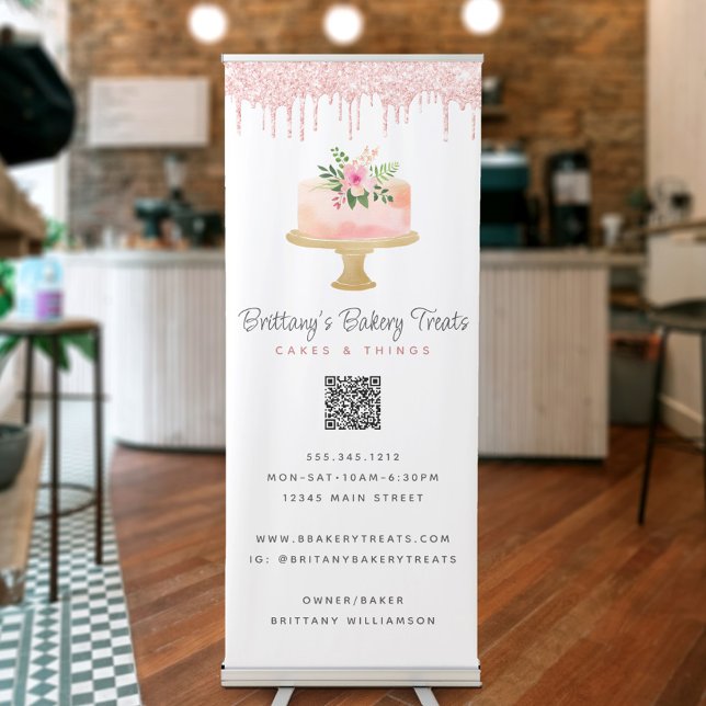 Blush Pink Cake Glitter Drips QR Code Bakery Café Retractable Banner (Creator Uploaded)