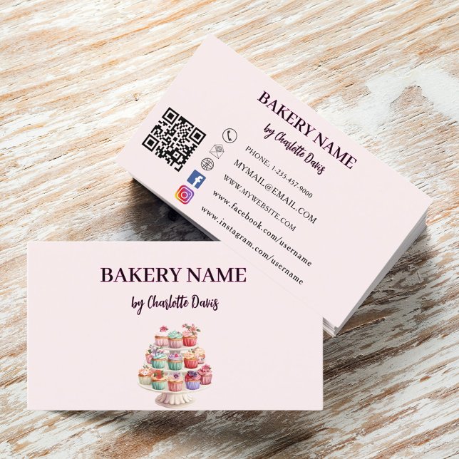 Blush pink cake pastry cupcakes QR code Business Card (Creator Uploaded)