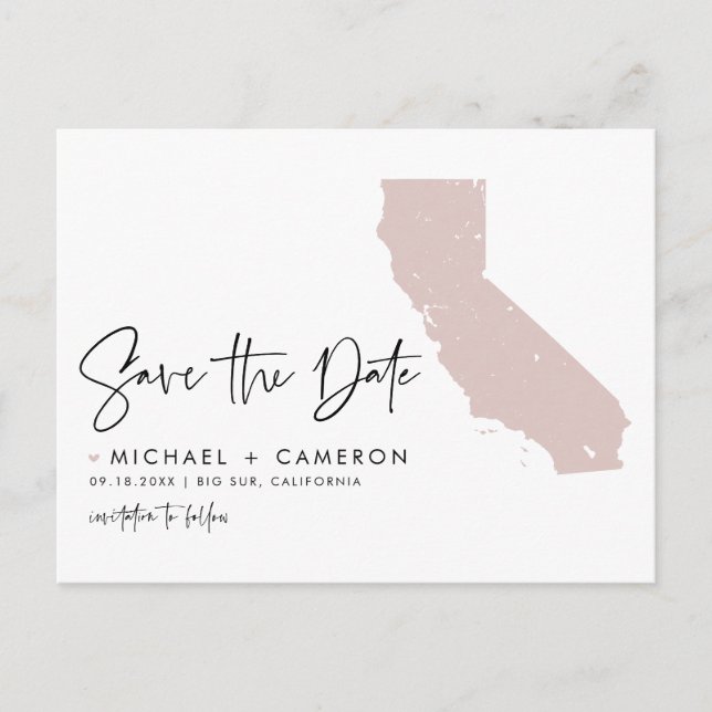 Blush Pink California Map Script Save the Date Announcement Postcard (Front)