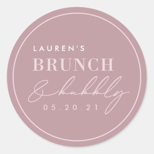 Blush Pink Calligraphy Bridal Brunch and Bubbly Cl Classic Round Sticker