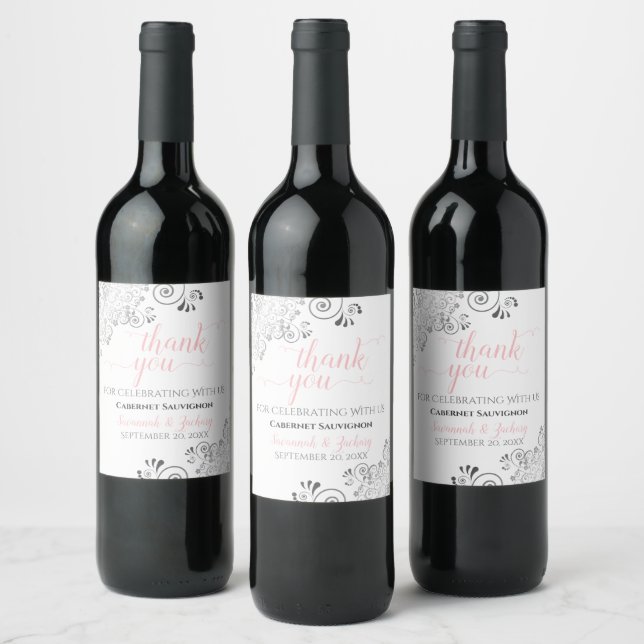 Blush Pink Calligraphy Gray Lace Wedding Thank You Wine Label (Bottles)