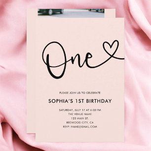 Blush Pink Calligraphy Heart 1st Birthday Invitation