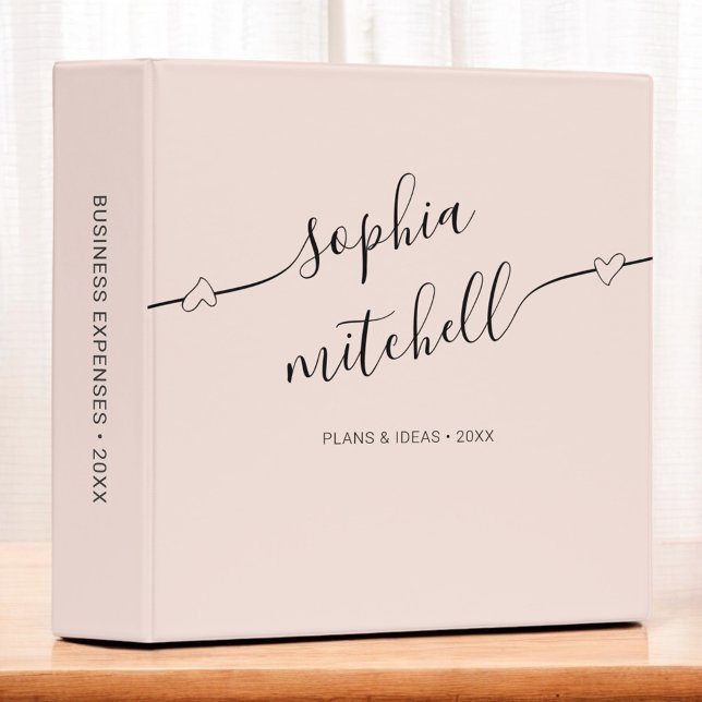 Blush Pink Calligraphy Heart Girly 3 Ring Binder (Creator Uploaded)