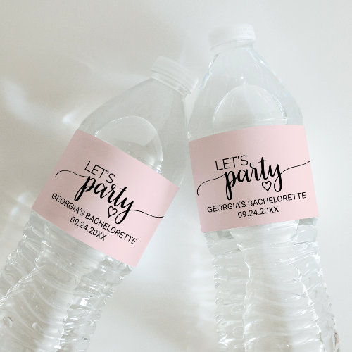 Blush Pink Calligraphy "Let's Party" Bachelorette Water Bottle Label