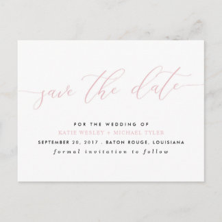 Blush Pink Calligraphy Modern Save the Date Announcement Postcard