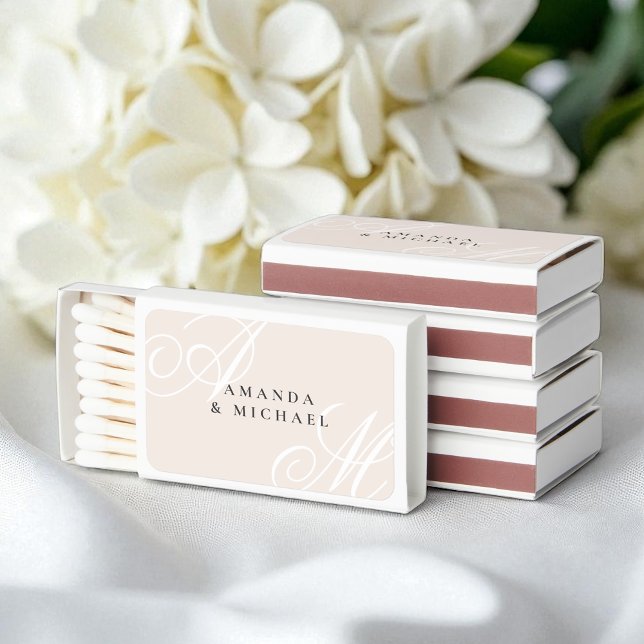 Blush Pink Calligraphy Script Monogram Wedding Matchboxes (Creator Uploaded)