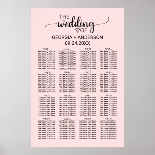 Blush Pink Calligraphy Wedding Seating Chart