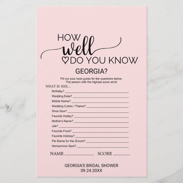 Blush Pink Calligraphy What's In Your Purse Game (Front)