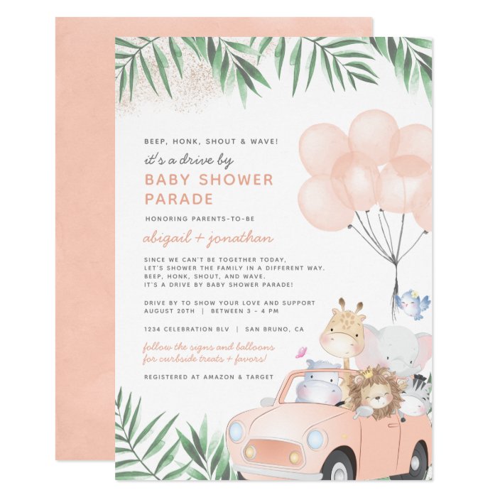 Blush Pink Car Safari Animals Drive By Baby Shower Invitation