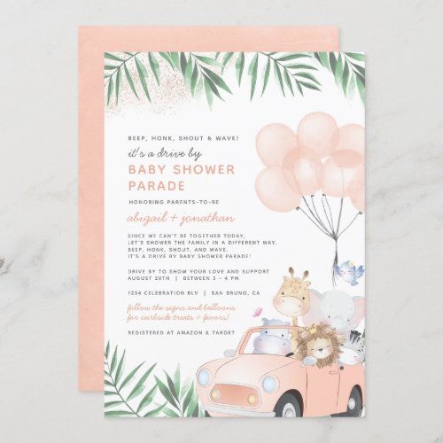 Blush Pink Car Safari Animals Drive By Baby Shower Invitation