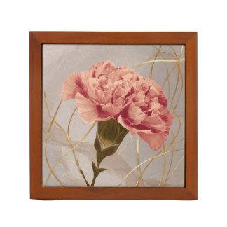 Blush Pink Carnation Floral Gold Desk Organizer