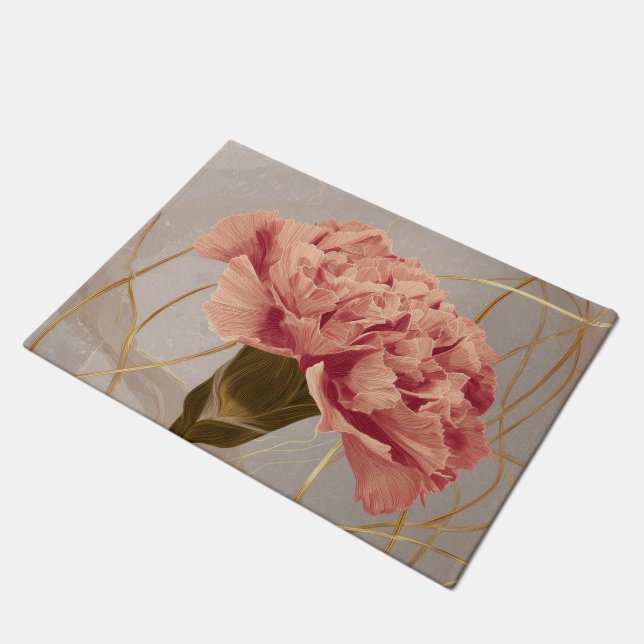 Blush Pink Carnation Floral Gold Doormat (Angled)