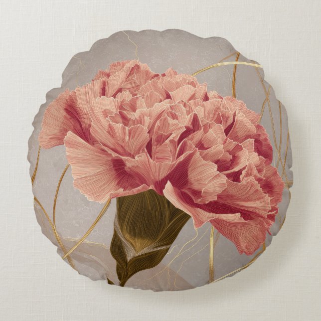 Blush Pink Carnation Floral Gold Round Pillow (Front)