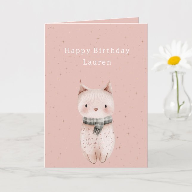 Blush Pink Cat Birthday  Card (Small Plant)