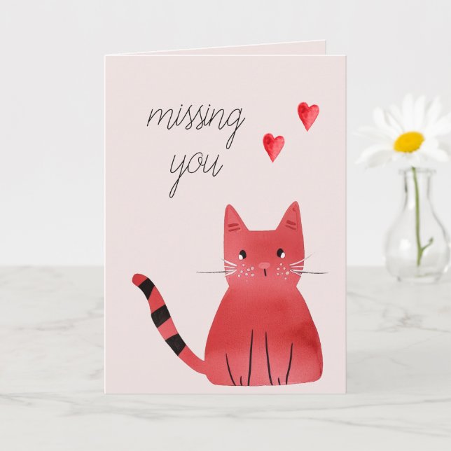 Blush Pink Cat Hearts Missing You  Card (Small Plant)
