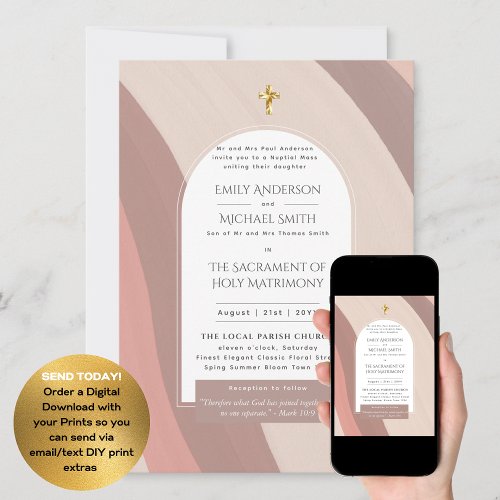 Blush Pink Catholic Nuptial Mass Photo Wedding Invitation