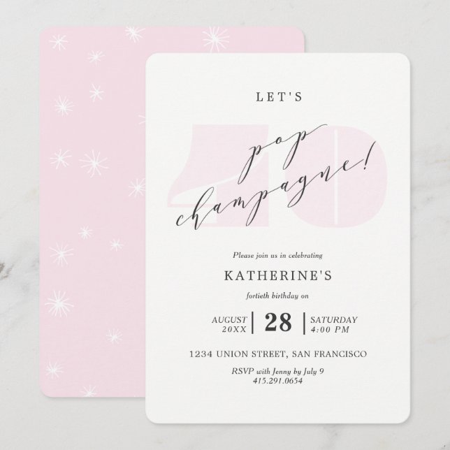 Blush Pink Champagne 40th Birthday Party Invite (Front/Back)