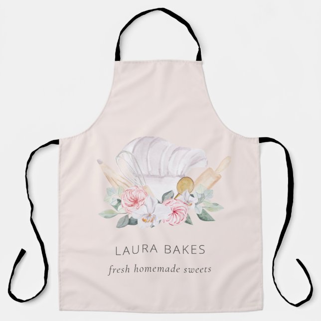 Blush Pink Chef Hat Catering Floral Roller Whisk Apron (Front)