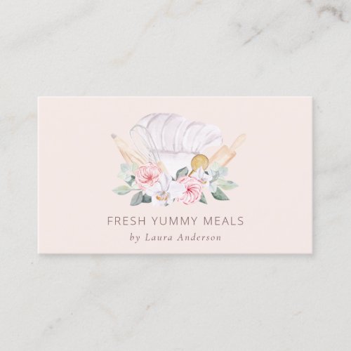 Blush Pink Chef Hat Catering Floral Roller Whisk Business Card