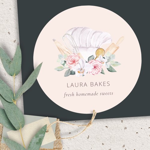 Blush Pink Chef Hat Catering Floral Roller Whisk Classic Round Sticker