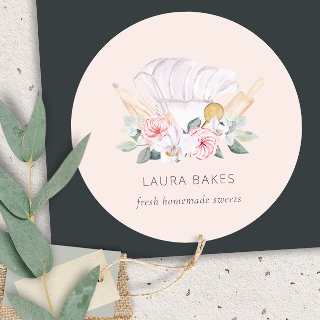 Blush Pink Chef Hat Catering Floral Roller Whisk Classic Round Sticker (Creator Uploaded)