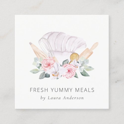 Blush Pink Chef Hat Catering Floral Roller Whisk Square Business Card