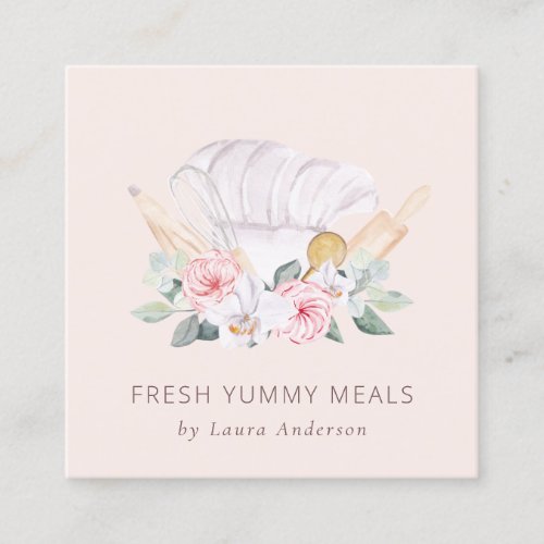 Blush Pink Chef Hat Catering Floral Roller Whisk Square Business Card