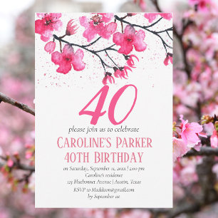 Blush Pink Cherry Blossom 40th Birthday Floral Invitation