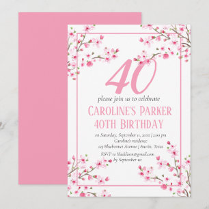 Blush Pink Cherry Blossom 40th Birthday Floral Invitation