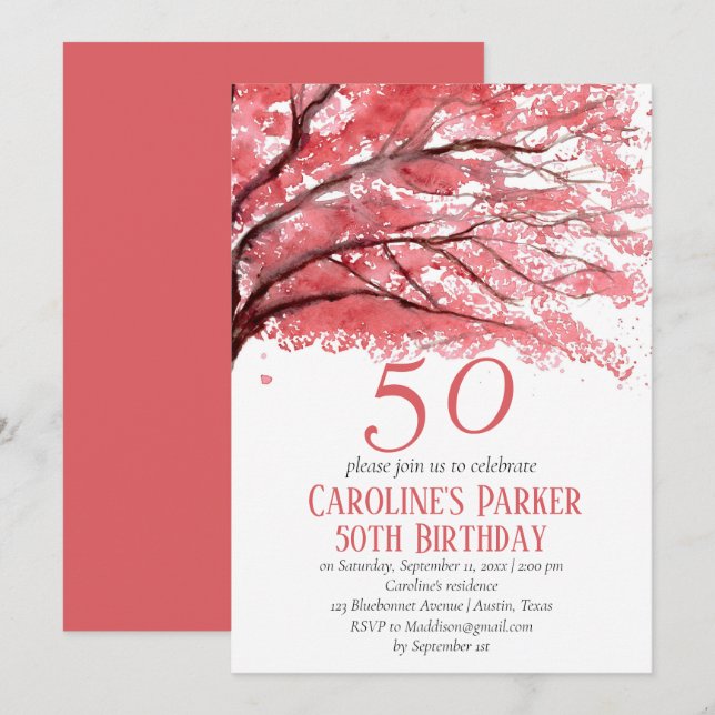 Blush Pink Cherry Blossom 50th Birthday Floral Invitation (Front/Back)