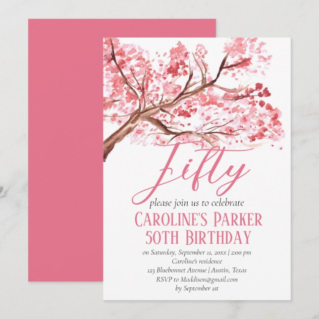 Blush Pink Cherry Blossom 50th Birthday Floral Invitation (Front/Back)
