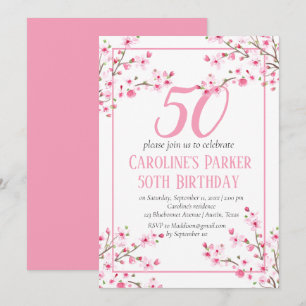 Blush Pink Cherry Blossom 50th Birthday Floral Invitation