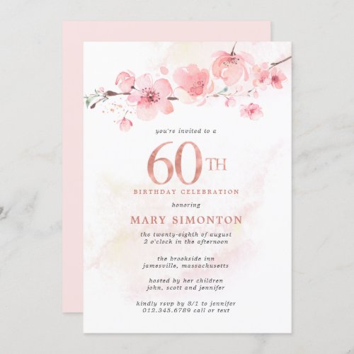 Blush  Pink Cherry Blossom 60th Birthday Invitation