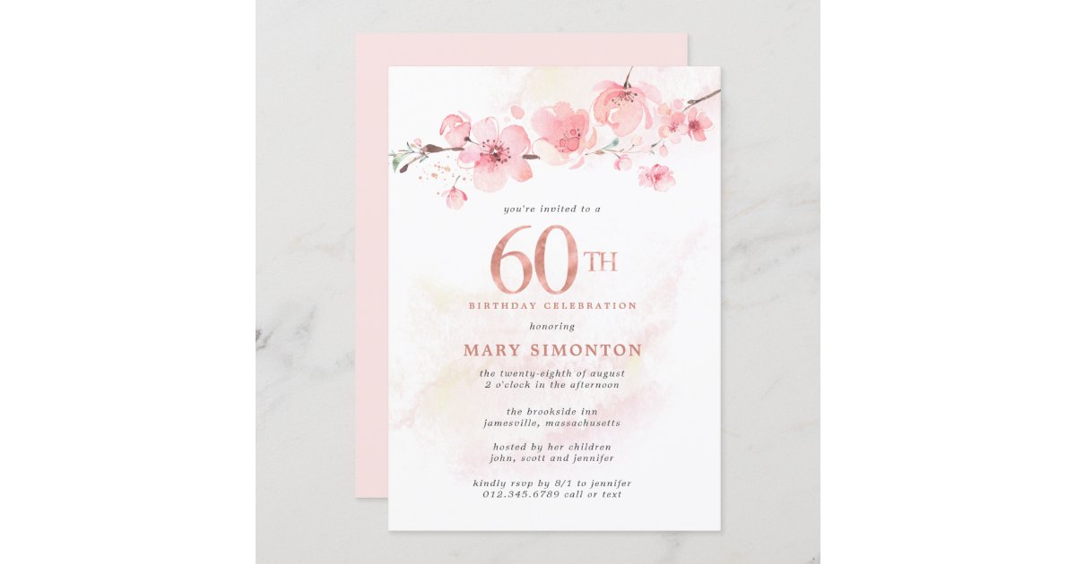 Blush Pink Cherry Blossom 60th Birthday Invitation | Zazzle