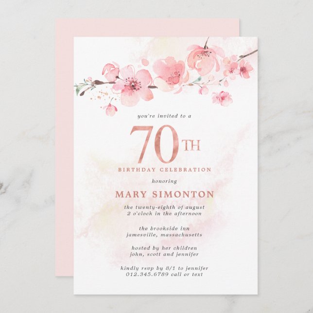 Blush  Pink Cherry Blossom 70th Birthday Invitation (Front/Back)