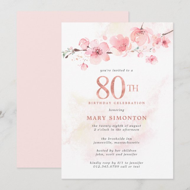 Blush  Pink Cherry Blossom 80th Birthday Invitation (Front/Back)